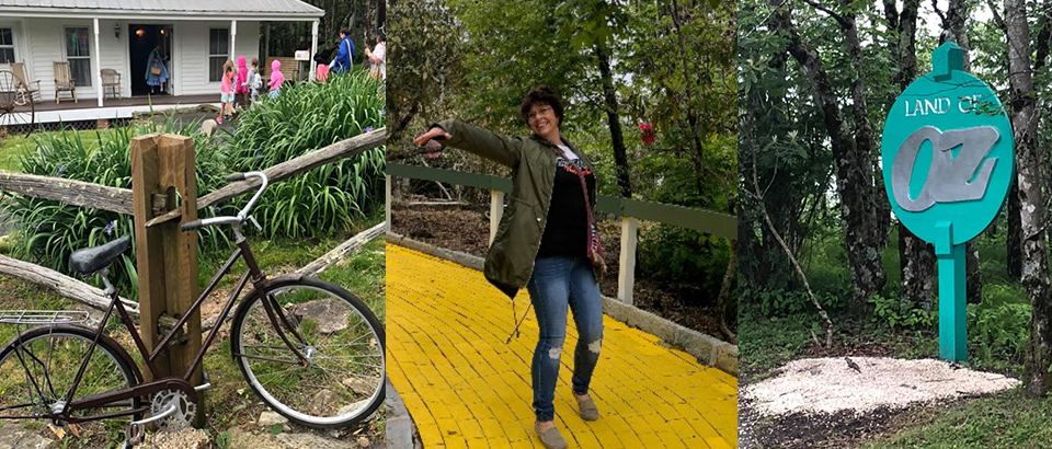 bicycle against fence, woman on yellow brick road, land of oz sign