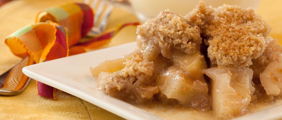 apple crisp sitting on a plate on a table