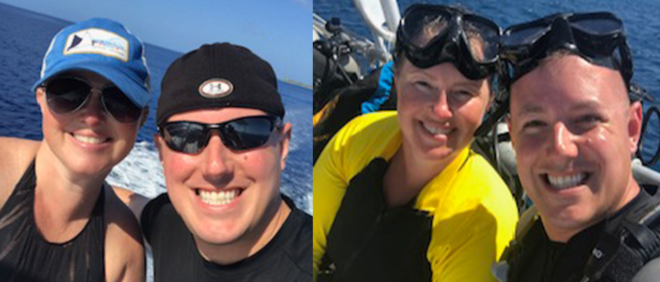 Ashley Denning with her husband in scuba gear on a boat
