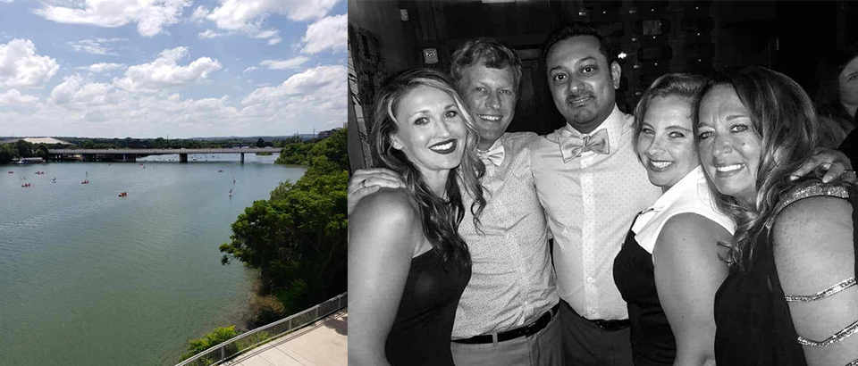 bridge over water, group of friends smiling