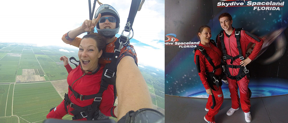 woman skydiving, woman and young adult male in parachute gear
