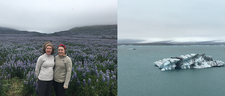 Deborah Gillispie standing in a field of flowers with her daughter next to an image of an iceberg in the ocean