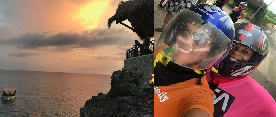 sunset over ocean, two women on an ATV