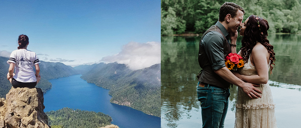 woman on top of rock overlooking lake, bride and groom kissing
