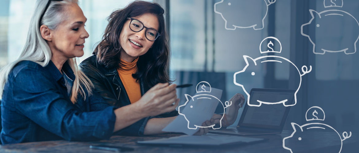 a young woman and older woman looking at files on a desk with piggy bank icons overlaid on the image
