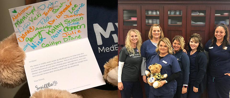 close-up of a handwritten card sent via Operation Gratitude next to an image of MedExpress center staff holding a battalion buddy bear