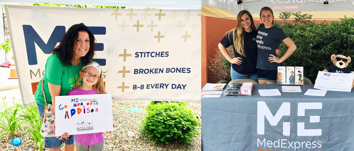 a mother and daughter standing in front of a MedExpress sign at a Girls on the Run event, and two MedExpress employees standing at a MedExpress themed table with Sniffles the bear